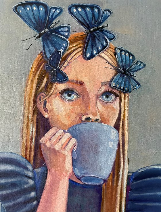 Butterfly on a cloud. Surrealism. Original oil painting girs, Portrait