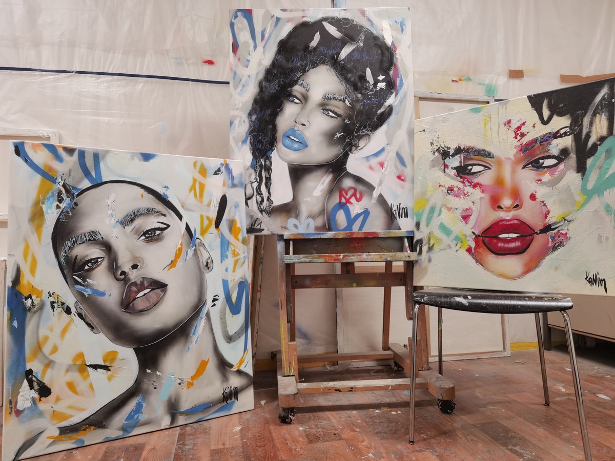 Urban And Pop Portrait Painting By Kanim, 31 X 39", Unexpected Love, Original Artwork