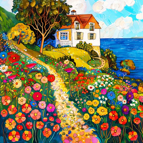 Sunny day with cozy house near the sea. Colorful impressionistic fairytale floral landscape fantasy flowers. Hanging large positive relax naive fine art for home decor, inspiration by Matisse and Klimt by BAST