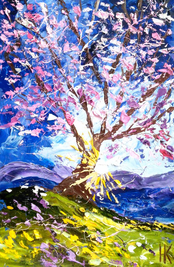 Cherry Tree Painting Flowering Tree Original Art Blooming Tree Oil Impasto Artwork Small Home Wall Art 8 by 12" by Halyna Kirichenko