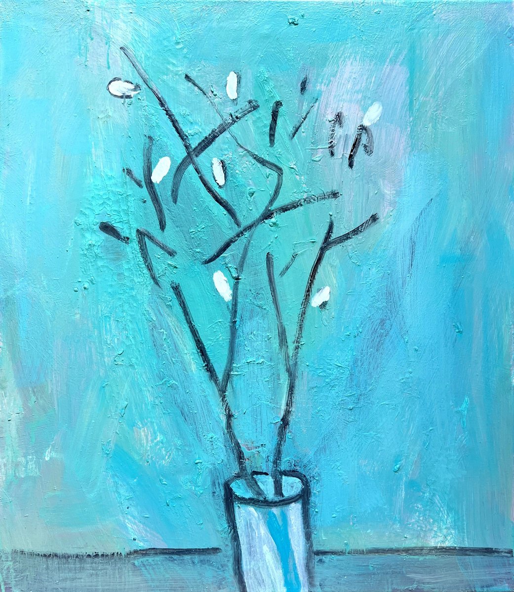 Naive Still Life Acrylic Painting By Zakhar Shevchuk, 28 X 31", Pussy Willow, Original Artwork