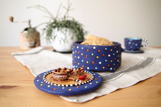 Ceramic | Blue polka dot jewelry box | Cookie bowl with dessert miniatures