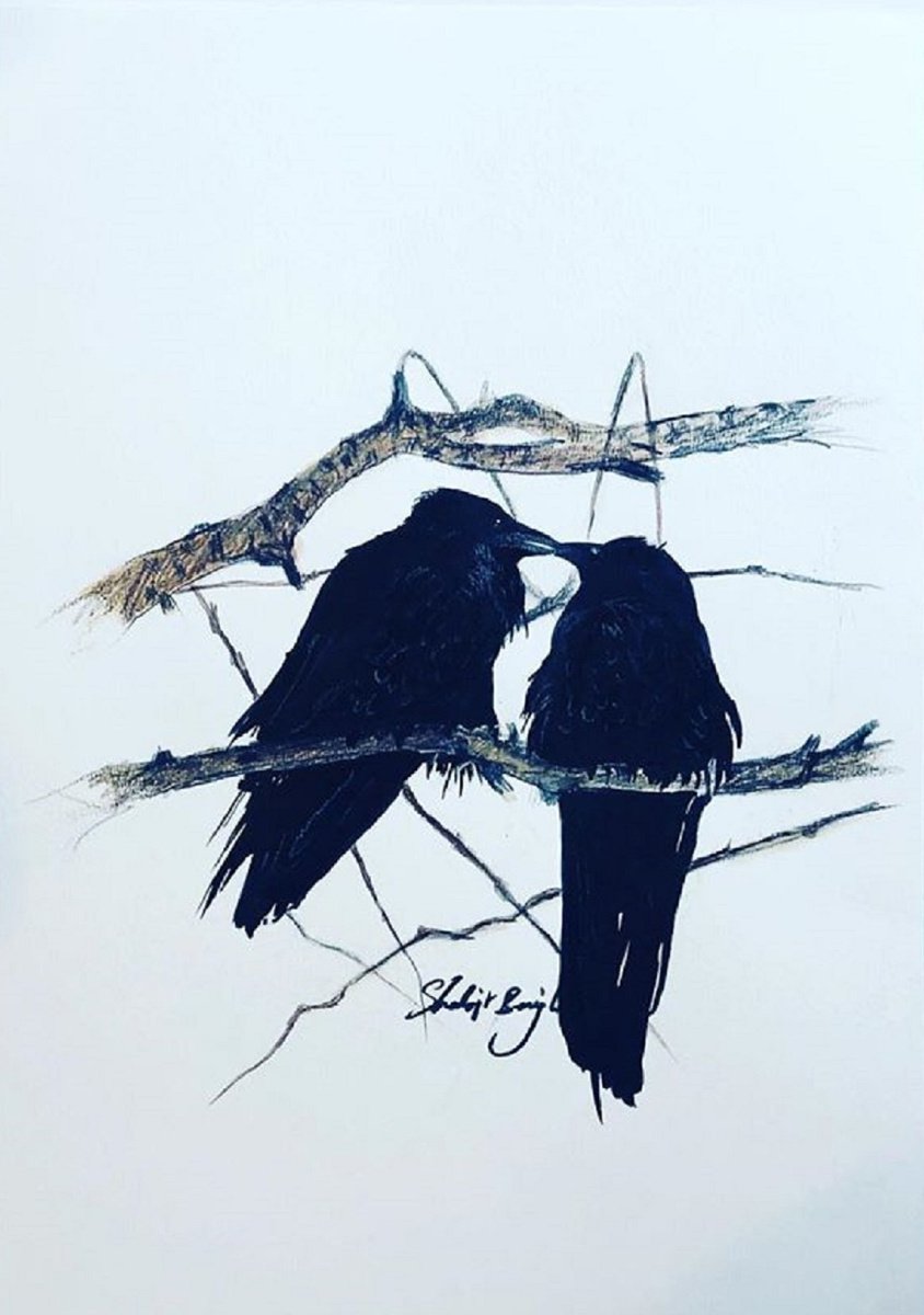 Impressionistic Animal Ink Drawing By Shabs Beigh, 20 X 28", The Raven Couple, Original Artwork