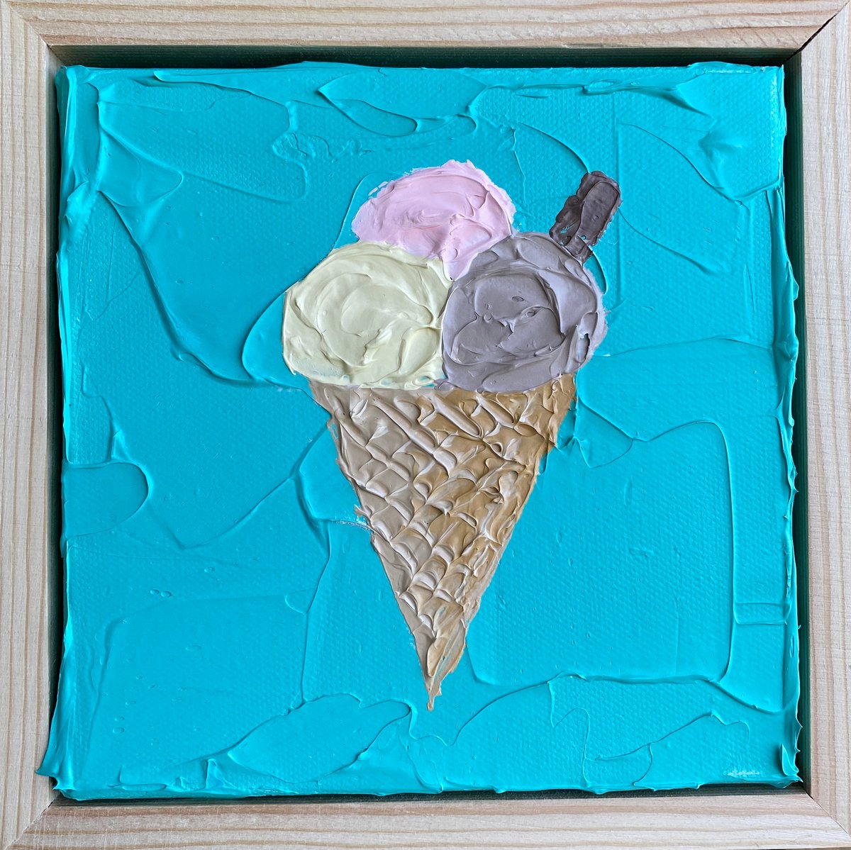 Impressionistic Still Life Acrylic Painting By Guzaliya Xavier, 7 X 7, Ice Cream On Teal (Framed), Original Artwork