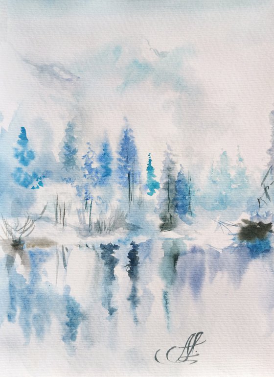 Watercolor landscape Original Art. Watercolor Forest Paintings