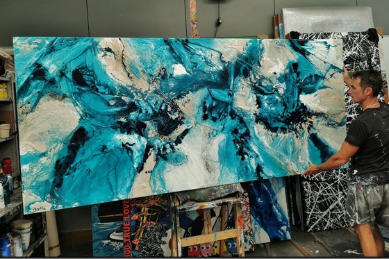 Creamed Honey Rush 270cm x 120cm Cream Teal Textured Abstract Art