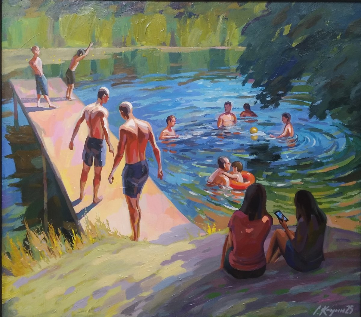 Impressionistic Landscape Acrylic Painting By Sergey Kachin, 39 X 35", Summer On The River, Original Artwork