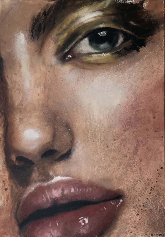 closeup golden make up oil painting of woman beauty model lips eyes by RKH