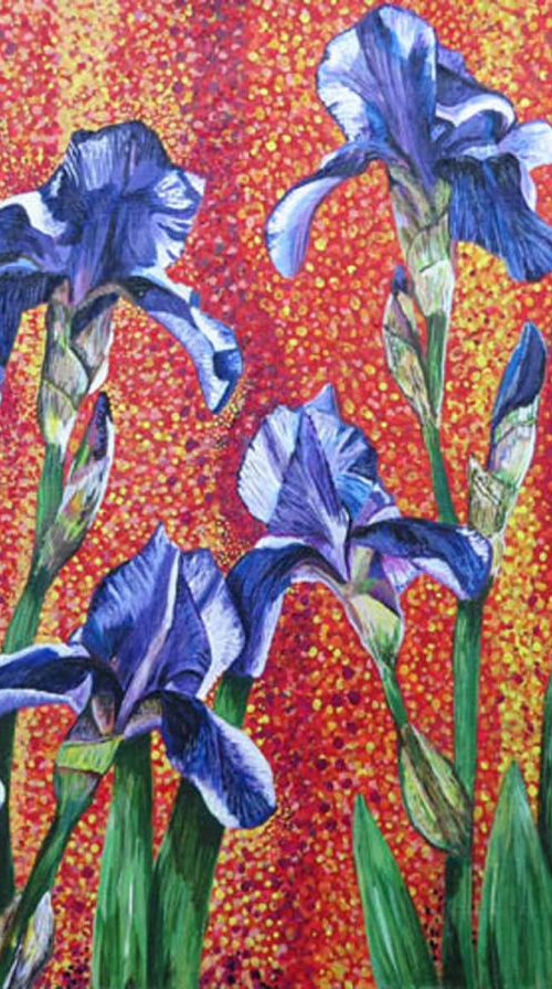 Irises, Purple on Red by Roz Edwards
