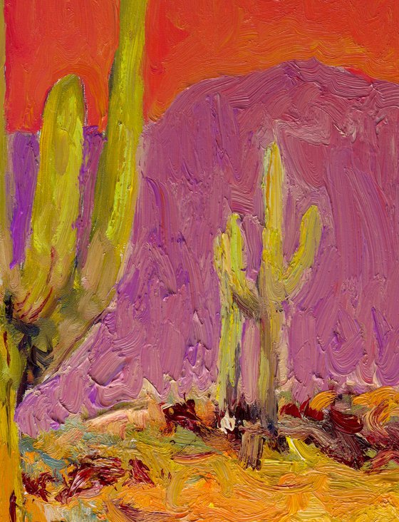 Saguaros Under a Coral Sky
