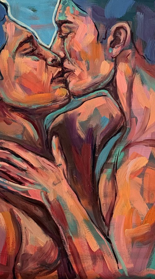 Male nude, men kiss, gay erotic art, queer oil painting by Emmanouil Nanouris