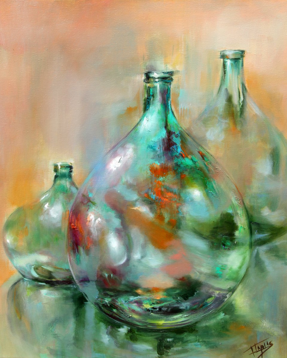 Illustrative Still Life Oil Painting By Isabel Tapias, 24 X 28, Cristals, Original Artwork