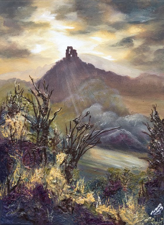 Corfe Castle on a textured canvas