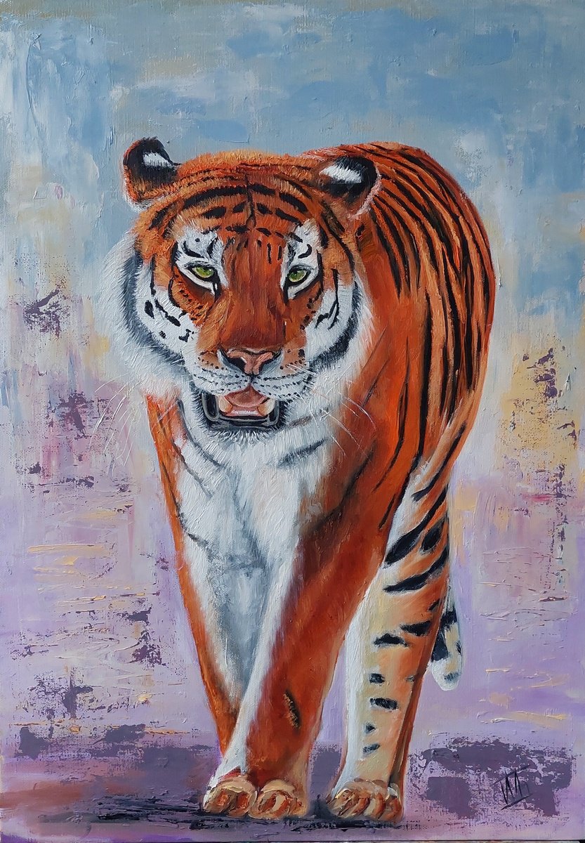 Impressionistic Animal Oil Painting By Ira Whittaker, 20 X 30, Tiger On Sunny Day, Original Artwork