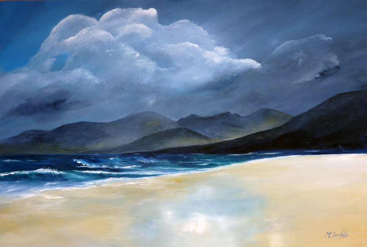 Impressionistic Landscape Acrylic Painting By Margaret Denholm, 30 X 20", Stormlight At Luskentyre, Original Artwork