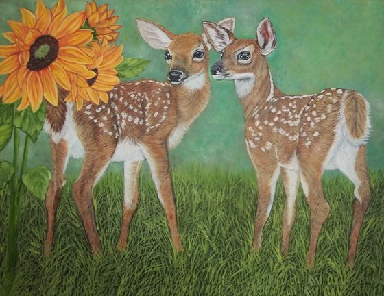 original oil painting Two Whitetail Deer Fawns and Sunflowers size 24"x 20" x 5/8"