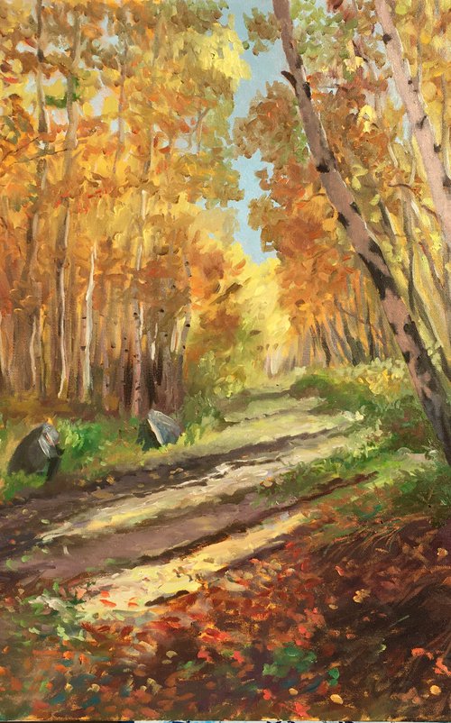 Golden trees, Autumn forest, Yellow trees, Landscape oil painting by Leo Khomich