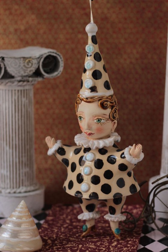 Cute Pierrot. Ceramic hanging sculpture