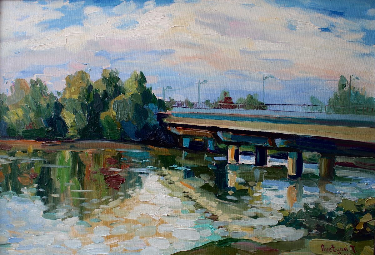 Expressive Landscape Oil Painting By Tigran Avetyan, 26 X 18", River Landscape, Original Artwork