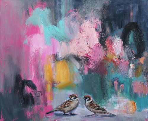 Oil painting Flowers bloomed Pink Sparrows by Anna Shchapova