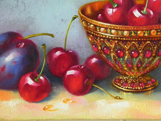 "Cherries and plums" Oil on canvas Original art Kitchen decor