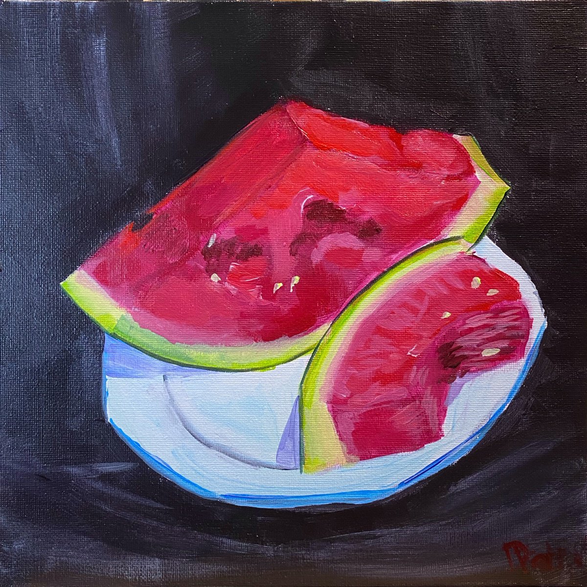 Impressionistic Still Life Acrylic Painting By Dmitry Fedorov, 10 X 10, Slices Of Watermelon, Original Artwork