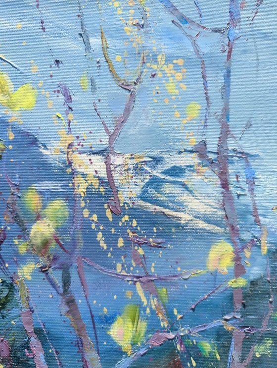 Moments of spring . Willow blossoms in the mountains . Original oil painting