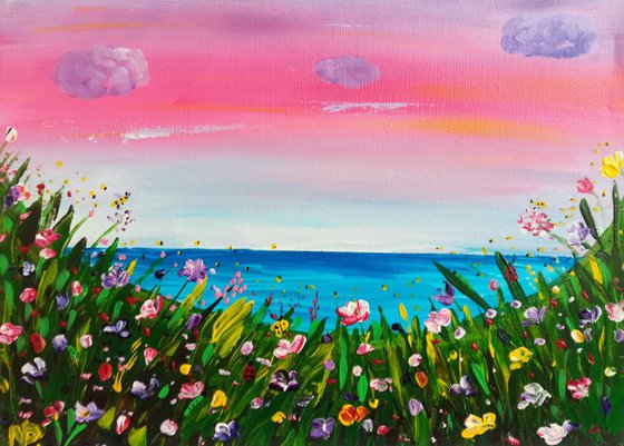 WORLD AROUND, small art, sea, sky, original acrylic painting