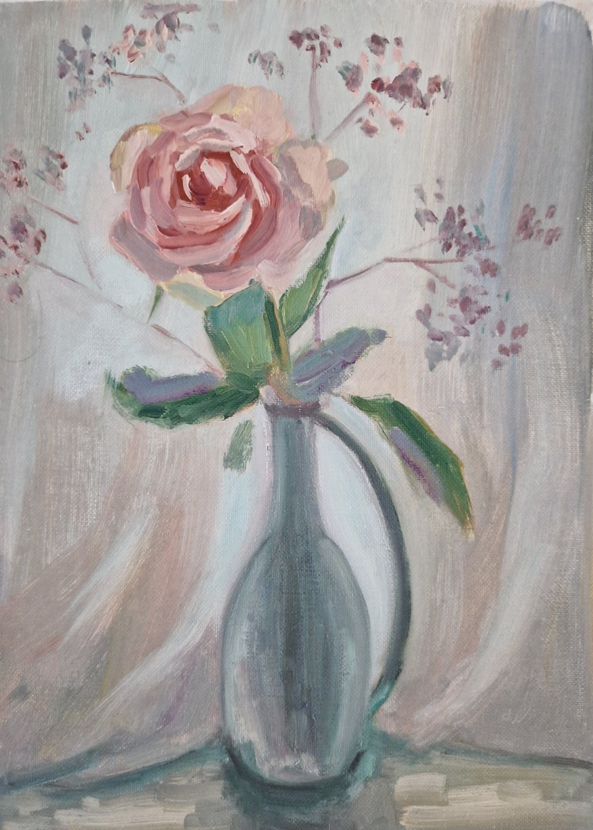 Impressionistic Botanical Oil Painting By Olena Kolotova, 10 X 14", Still Life With Flower "Rose", Original Artwork