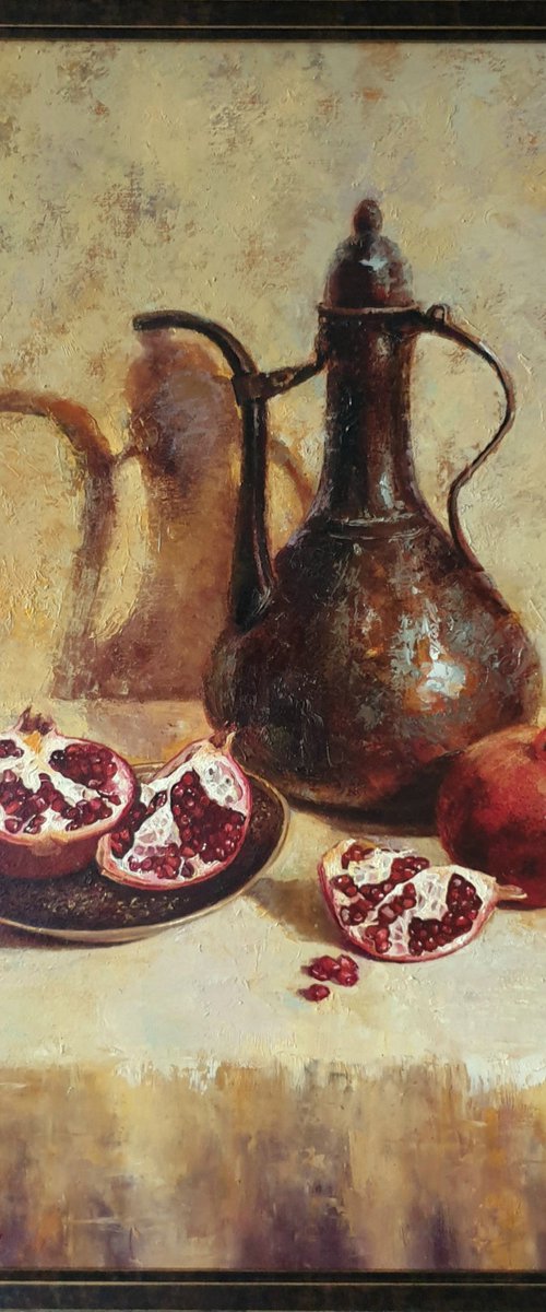 "Oriental still life with pomegranate"   still life pomegranate liGHt original painting PALETTE KNIFE  GIFT (2019) by Anna Bessonova (Kotelnik)