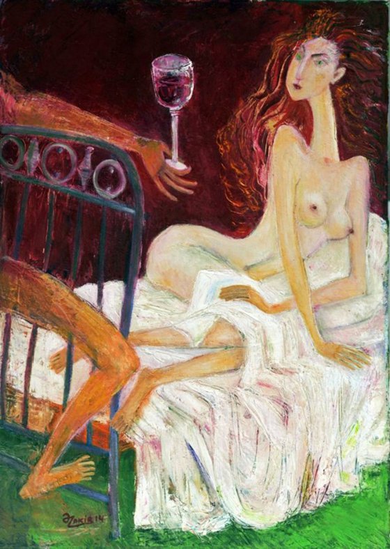 .In Bed 2013year27x19in Original Painting Oil on Canvas FOR SALE