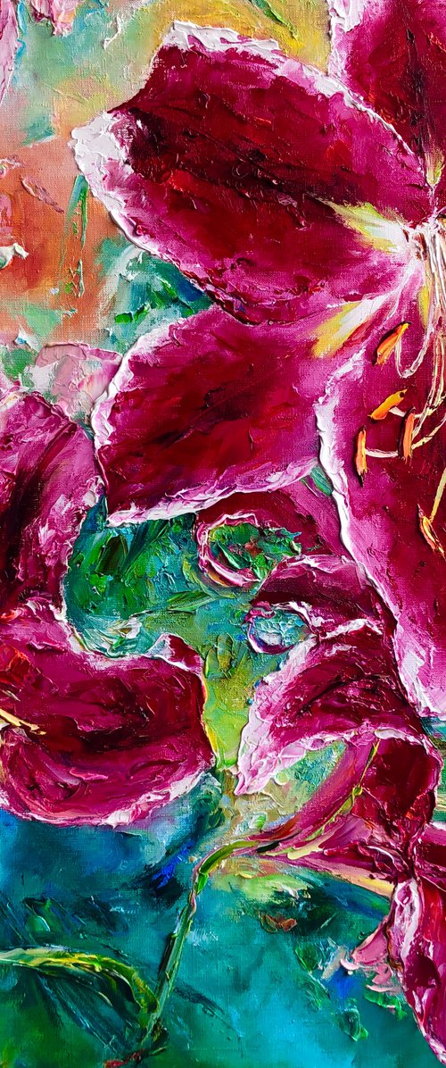 LUXURIOUS INFLORESCENCES OF LILIES - Bright landscape. Large buds. Pink lilies. Floral abstraction. Macro flowers. Blooming. Graceful. by Marina Skromova