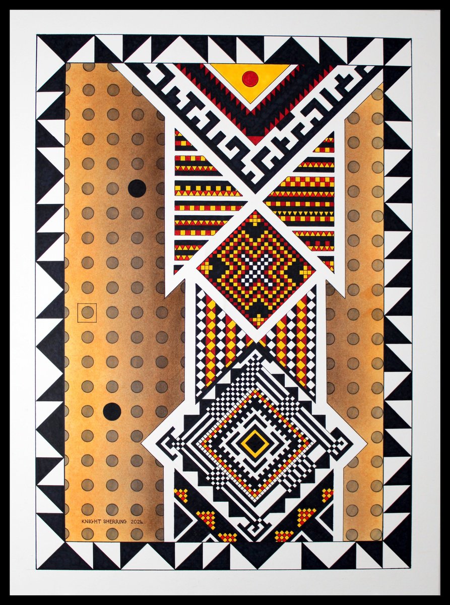 Geometric Abstract Ink Drawing By Knight Sherring, 22 X 30", Spirits Talking., Original Artwork