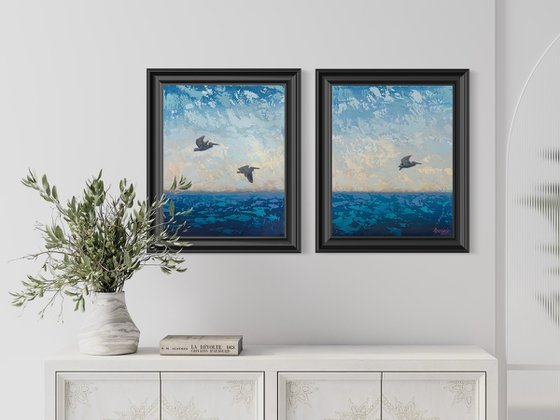 “SEASCAPE #16 WITH PELICANS”