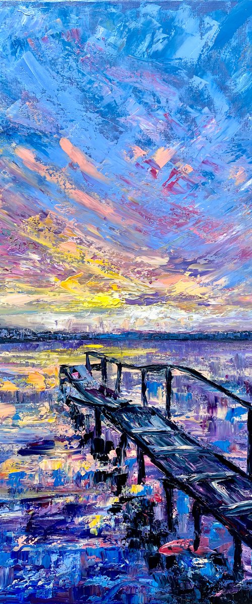 Sunset - Purple splash, 60*80cm, impressionistic landscape oil painting in purple, blue and pink by Olga Blazhko