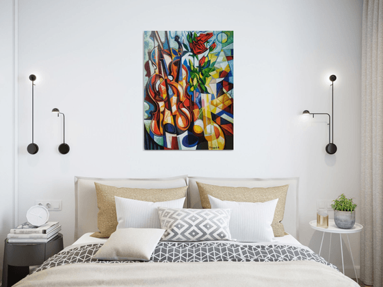Still life with roses and violin (60x80cm, cubism, oil painting, ready to hang)