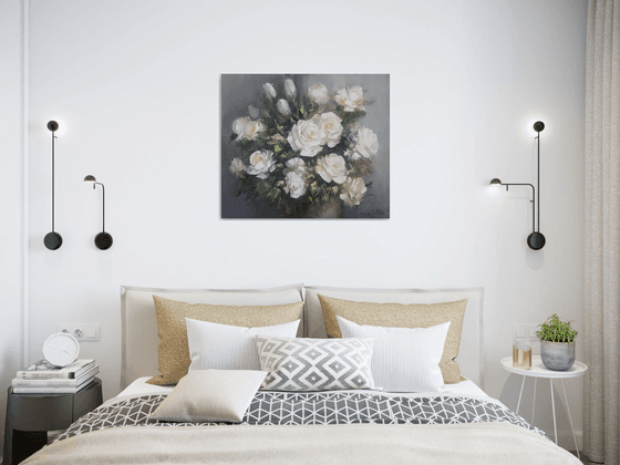 White roses  (60x70cm, oil painting, ready to hang)