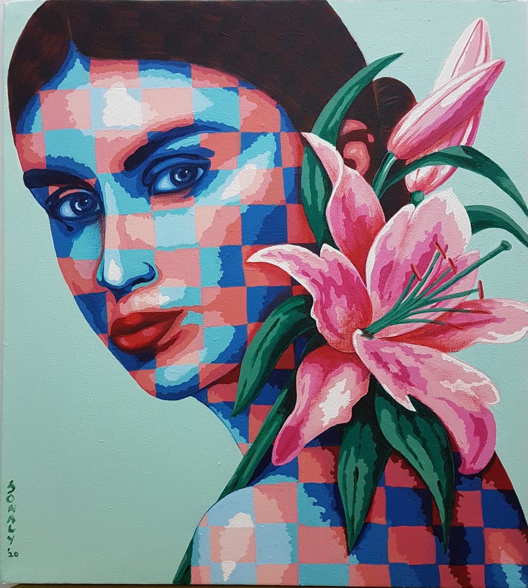 Urban And Pop Portrait Acrylic Painting By Sonaly Gandhi, 18 X 20", Lady And Lilies, Original Artwork