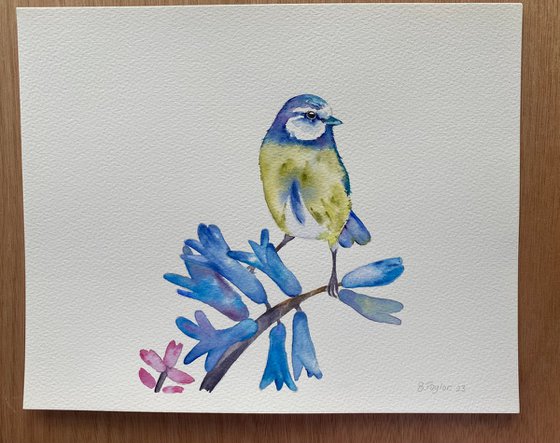 Blue tit and flowers painting