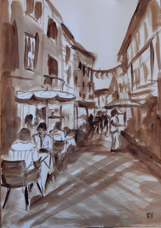 Old city center. Coffee painting.