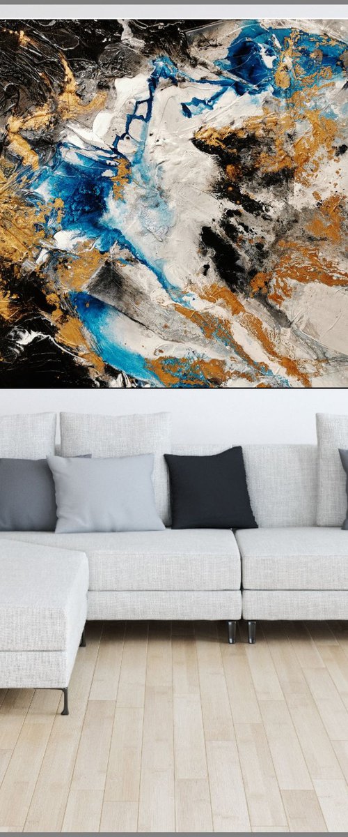 Golden Cobalt 250cm x 120cm Blue White Black Gold Abstract Art by Franko