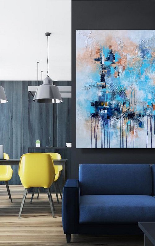 Mysterious Blue - XL LARGE,  TEXTURED ABSTRACT ART – EXPRESSIONS OF ENERGY AND LIGHT. READY TO HANG! by Julijana Ravbar