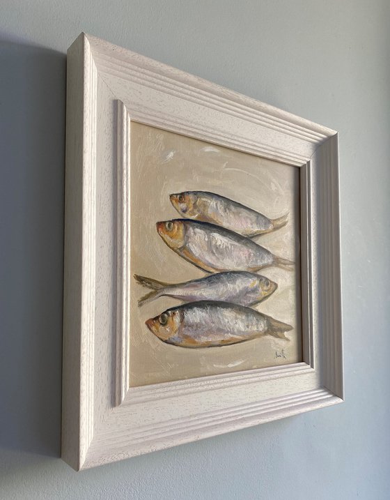 Original oil painting Framed Four Fish Still Life Contemporary Artwork