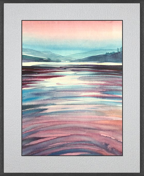 PURPLE SUNSET ON WATER, Original Impressionist Vertical Landscape Watercolor Painting