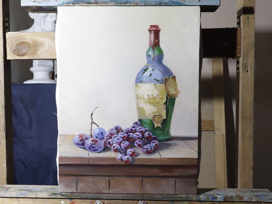 Still life fruits and bottle (40x30cm, oil painting, ready to hang)