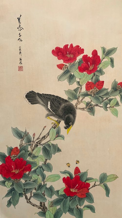 Beautiful Life, Flower&Bird Goingbi Brush Painting, Original Artwork by Fiona Sheng