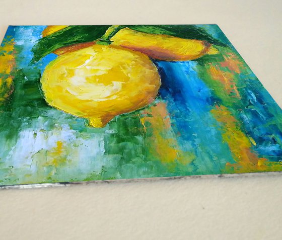 Lemon Painting Original Art Fruit Artwork Citrus Wall Art Small Square Kitchen Decor