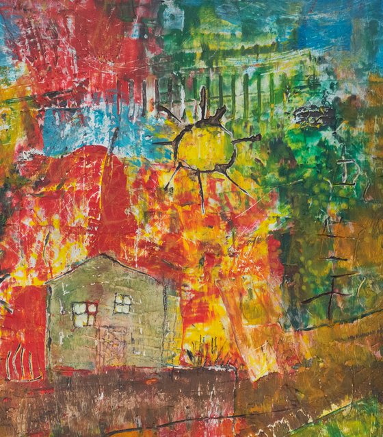 Village with two suns - art brut painting