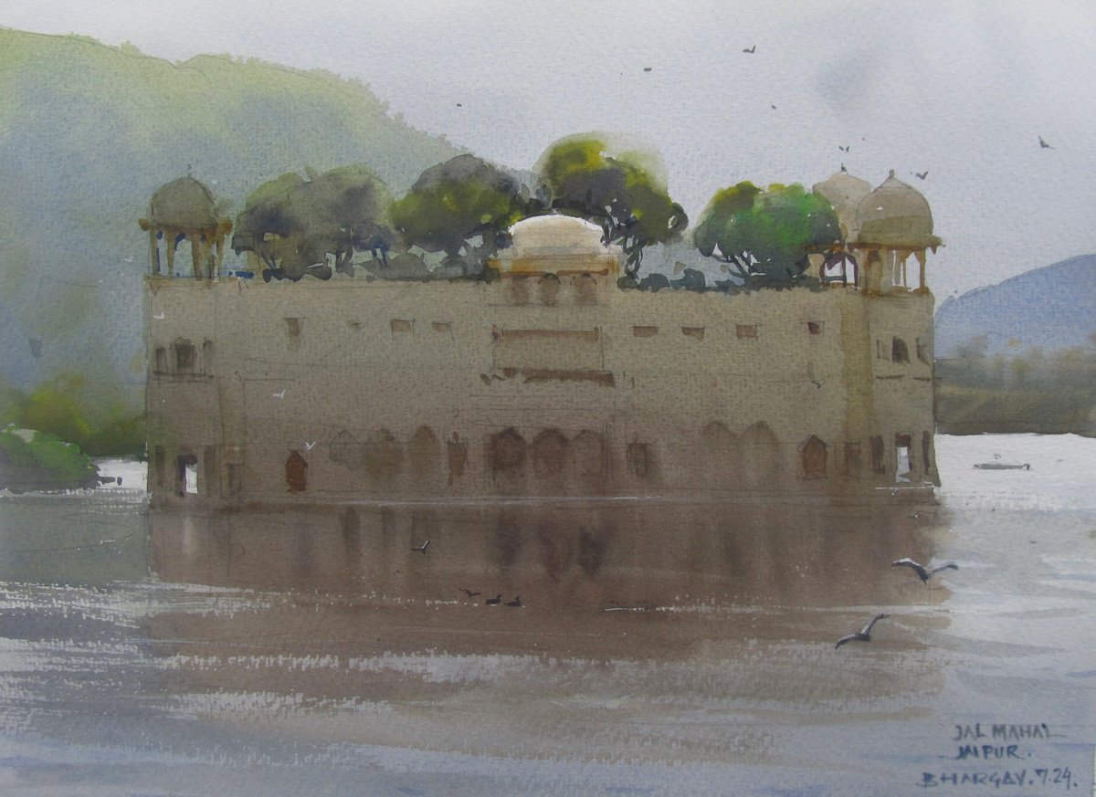 Impressionistic Landscape Watercolour By Bhargavkumar Kulkarni, 14 X 10, Jal Mahal, Jaipur 2, Original Artwork