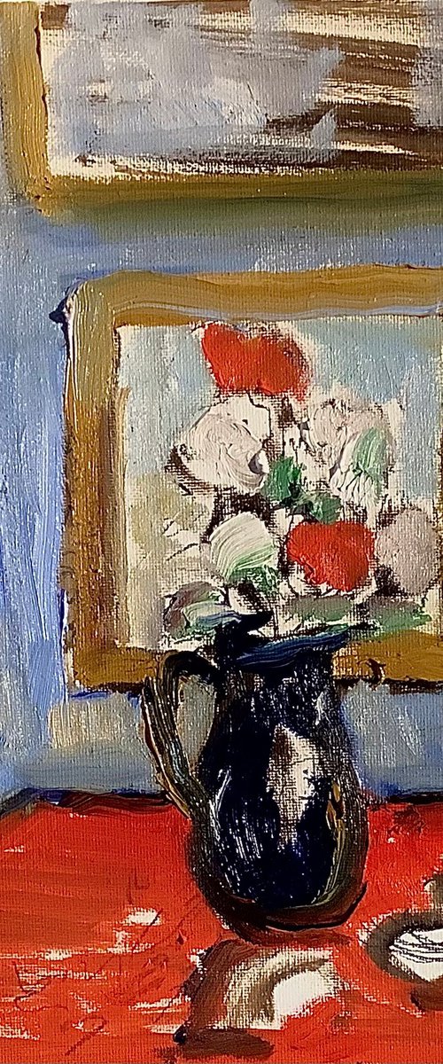 Flowers in a pitcher, onions and a red table. by Angus  MacDonald